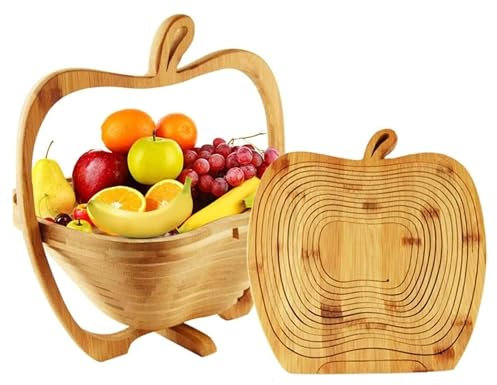OXOAMP Tazón de Frutas Cesta Plegable en Forma de encimera de Cocina, Soporte for frutero de bambú Plegable, Cesta y Tabla de Cortar, frutero de Madera Verduras