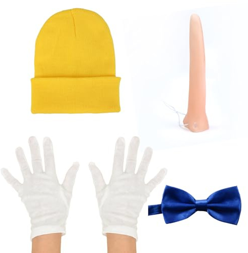 NAUZE Pinocchio Kostüm-Set, gelber Hut, blaue Fliege, weiße Handschuhe und lange Nase, Tierkostüm, Cosplay, Zubehör für Kinder, Halloween, Feiern, 4-teilig