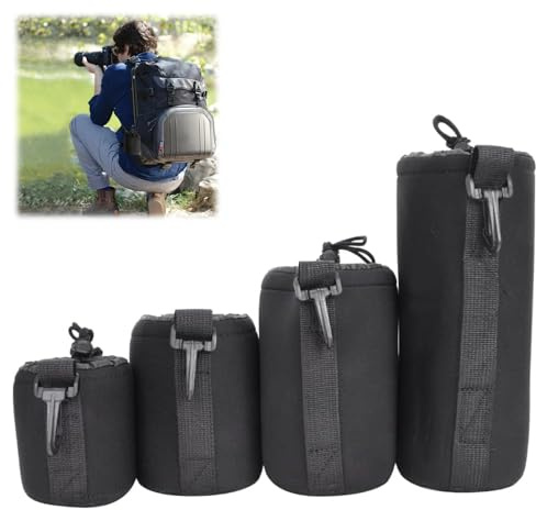 Rakiuty Objektivtasche, 4 Größen Neopren Objektivbeutel, Objektivtasche Set, Objektiv Tasche, Kamerazubehör Schutz für Objektiv, wasserdichte Schutzbeutel für Kamera Objektiv, Schwarz, 4 Stück