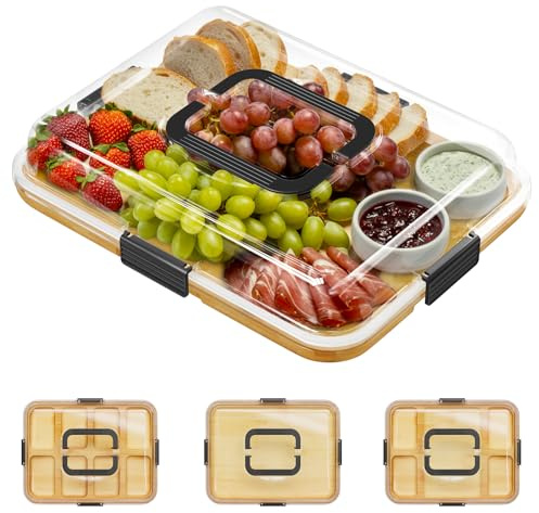 SpaceAid Tabla de charcutería con tapa transparente, tablas de cortar de queso de viaje portátiles para accesorios de picnic, bandeja de servir de bambú con tapas, regalos de inauguración de la casa