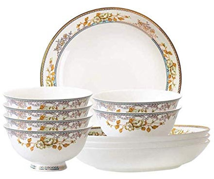 WOTZOV Piatti da Portata, Set di Piatti/Ciotole/Piatti, Set da Portata in Porcellana da 10 Pezzi, Set da tavola in Porcellana Bone China con Fiori Dipinti in Stile Vintage, ciot