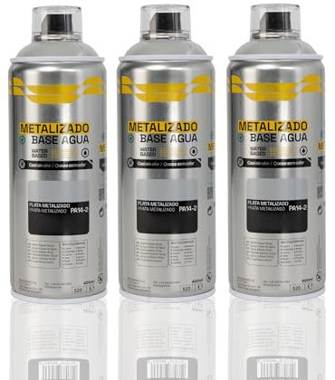 BESCH Pintura en Spray Base Agua 400ml – Ecológica, Sin Olor, para Madera, Plástico, Metal y Cartón – Cobertura Uniforme y Secado Rápido - Plata Metalizado, Pack de 3 unidades