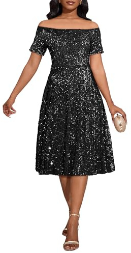 IWFEV Women's Off Shoulder Short Sleeve with Pockets Skater Glitter Sparkly A-line Midi Party Cocktail Sequins Dress