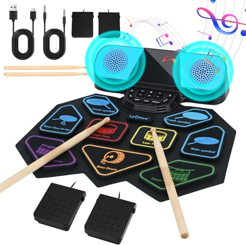 Lychee Juego de batería electrónica con conector para auriculares, 9 almohadillas de práctica de batería enrollables estéreo, pedales de tambor de altavoz integrados, compatible con conexión externa