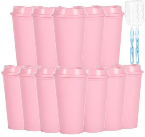 CuppaLifes 475ml Reusable Coffee Cups with Lids, 12 Pack Insulated Plastic Tumblers, Travel Mugs for Hot/Cold Drinks, Smoothie, Takeaway Cups for Adults (12, Pink)