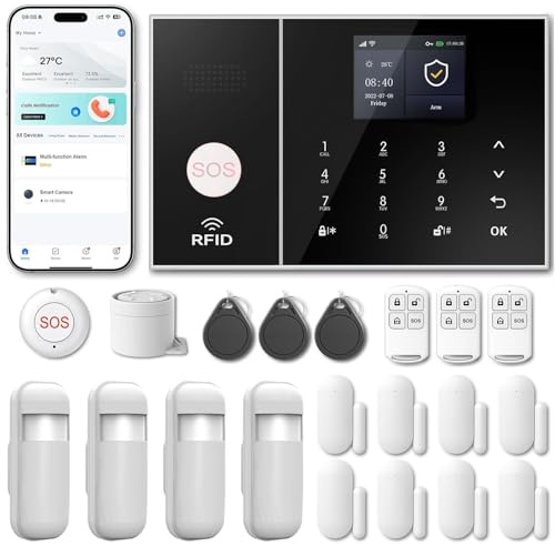 RenseCum Alarme maison sans abonnement sans fil WiFi + 4G pour maison et appartement, kit alarme connectée Smart Life, alertes par appel & SMS, compatible Alexa & Google Assistant (Lot de 21 articles)