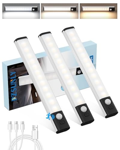 PZSUNLY Led Sottopensile Cucina, Luci con Sensore di Movimento,3 Pezzi | Lampada Led Ricaricabile,3 Temperature Colore,Dimmerabile, Installazione Magnetica, Luci Led per Cucina,Armadio,Corridoio