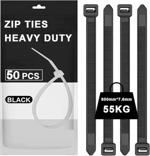 Kabelbinder Schwarz 600mm x 7,6 mm, WLEAD 50 Stück extra starke Kabelbinder mit 55kg Zugfestigkeit UV-beständig große Nylon-Kunststoff selbstsichernde multifunktionale