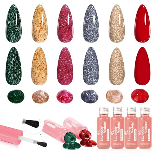 Gel Nail Polish Set 6 Colors, Smoky Grey, Sunset Crimson,Rose Gold, Forest Green, Platinum Silver, Holographic Aurora, Sparkling Shimmer, Glittery Mood-Boosting Manicure, Soak Off UV LED 02
