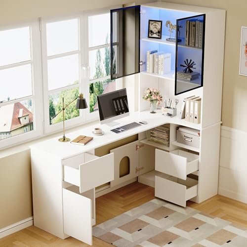 MURUL Scrivania angolare 120 x 80 x 180 cm, bianca, con vetrina a LED, scaffale, passacavi, 3 cassetti, 2 ante e scomparti aperti, libreria integrata