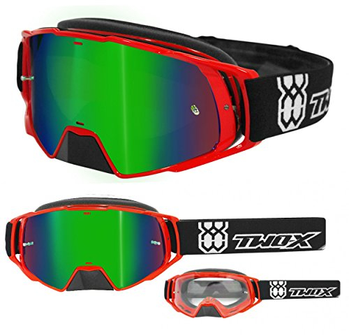 TWO-X Rocket Crossbrille rot Glas verspiegelt grün MX Brille Nasenschutz Motocross Enduro Spiegelglas Motorradbrille Anti Scratch MX Schutzbrille Nose Guard