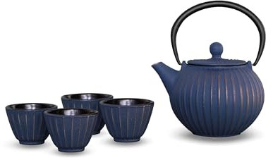 WD Lifestyle - Set Teiera In Ghisa Con Filtro da 500 ml e 4 Bicchieri Da 50 ml - Colore Blu