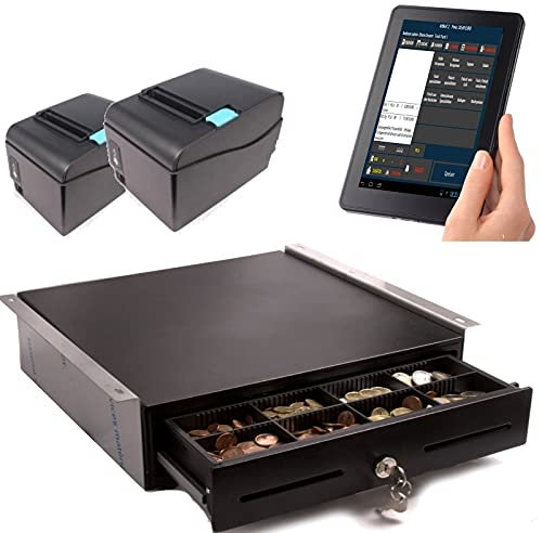 Mobile Kasse für Gastronomie: 10' Bestellterminal + 2x Bondrucker + Kassenlade mit Montagehalterung/DSFinV-K, TSE-Konform