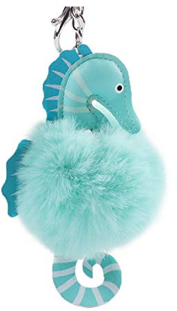 ACVIP Porte-clés en forme d'hippocampe en polyuréthane doux avec boule en fausse fourrure, turquoise, taille unique