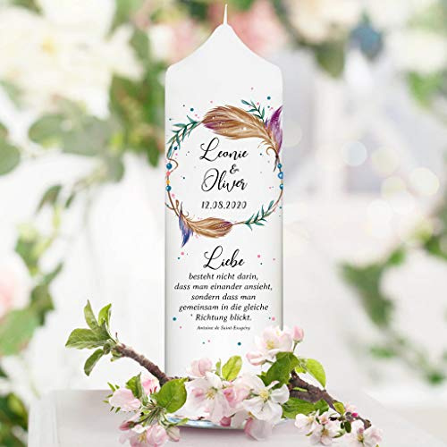 Wandtattoo Loft Hochzeitskerze personalisiert mit Namen und Datum, Motiv mit Federn Kranz, 18cm x 7cm, personalisierte Gastkerze, Hochzeit Kerze selbst gestalten, Hochzeitsgeschenk, Valentinstag