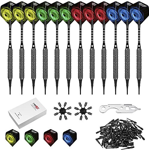 CyeeLife 12 Stück Soft Dartpfeile 18 Gr. mit Aluminium schäften und Extra Spitzen+Darttool+Flights+Flightkappen