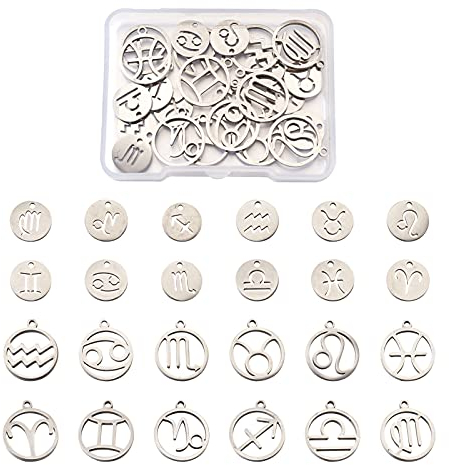 Cheriswelry Sternzeichen-Anhänger aus 304 Edelstahl mit 12 Sternbildern, flach, rund, Astrologie, Horoskop, Anhänger für DIY-Schmuck, Halskettenherstellung, 24 Stück, Edelstahl, Edelstahl