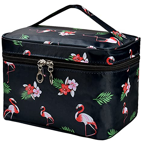 Make Up Organizer Tasche, Tragbare Kosmetiktasche, Flamingo Reise Schminktasche Kulturbeutel mit Griff, Wasserdichte Kosmetik Beutel, Makeup Aufbewahrung Tasche Etui für Damen Frauen Mädchen (Schwarz)