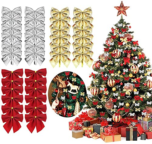FAVENGO 72 Pcs Moños Navideños Lazos para Arbol de Navidad 4.5x4.5cm Decoracion Arbol Navidad Lazos Navideños para El Adorno del Arbol Corona de Navidad Boda (Rojo Dorado Plata)