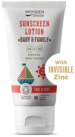 Wooden Spoon Crème Solaire Bio Bébé et Famille SPF 50 – 100% Naturelle, Zinc Invisible, Sans Trace Blanche, Hypoallergénique, Vegan, Résistante à l’Eau – 150 ml