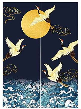 LIGICKY Japanischer Stil Dick Noren Lang Vorhang, Doppelseitig Druck Türvorhang Raumteiler Tapisserie für die Heimtextilien 85 x 120 cm, Blau (Weißer Kranich Meereswellen und Mond)