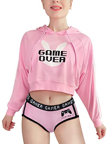 LittleForBig Damen Gaming Lässig Regular Fit Langer Ärmel Kordelzug Cropped Hoodie Sweater Rosa XXXL