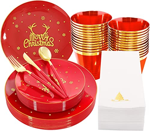 KAHEIGN 175 Pièces Réutilisable Vaisselle de Noël en Plastique Rouge Bordée D'or - 25 Assiettes Plates, 25 Assiettes Salade, 25 Couteaux, 25 Fourchettes, 25 Cuillères, 25 Serviettes pour 25 Invités