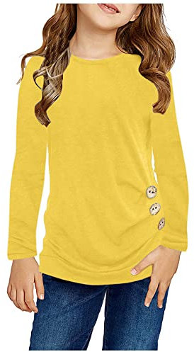 Girls Short Sleeve Athletic Shirt Kids Girls Fashion Top Shirts Solid Color Button Casual Tunic Tops Long Sleeve Loose Crewneck Blouse T-Shirt Tee Oleander Girl (Yellow, 12-13 Years)