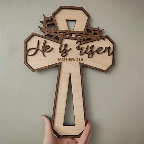 Dantazz He is Risen Ostern Holzkreuz zum Aufhängen Osterdeko Holz Basteln Kruzifix Osterkrippe Holzdeko Wandkreuz Anhänger Christliches Ornament für Wand Tür (Braun, 30cm)