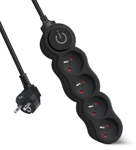 EXTRASTAR Bloc Multiprises 4 Prises avec Interrupteur, Rallonge 1,5 m 250 V avec sécurité Enfant, Noir