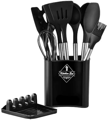 FlyHigh Premium 13-teiliges Küchenutensilien-Set - 100% BPA-frei, hitzebeständiges Silikon, Antihaftbeschichtung, Edelstahl-Silikon-Griffe und Halter - Hochwertiges Silikon Spachtel-Set (Schwarz)