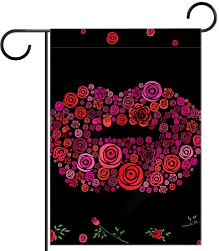 Gartenflaggen 28x40 Doppelseitige Yard Flags Wasserdichte Gartenflaggen für Draußen,Valentinstag Blumen rote Rosen Lippe