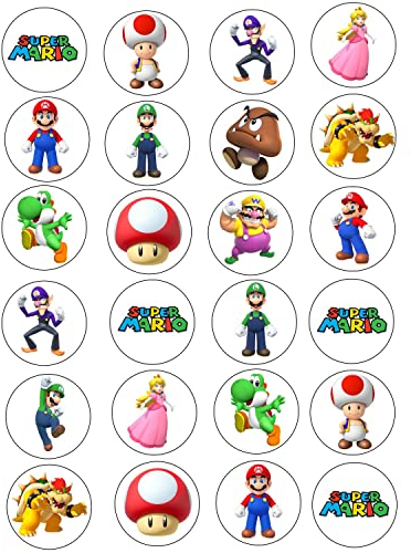 24 Mario Edible Wafer Cupcake Toppers Fairy Cake Decoration Uncut