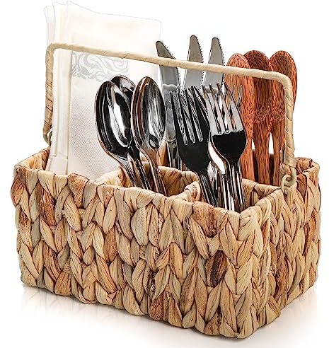 Pumtus Wicker Flatware Organizer, Woven Divided Utensil Caddy, Water Hyacinth Cutlery Holder, Picnic Silverware Flatware Storage Basket Carrier with Handle for Countertop, Forks, Knives, Spoons