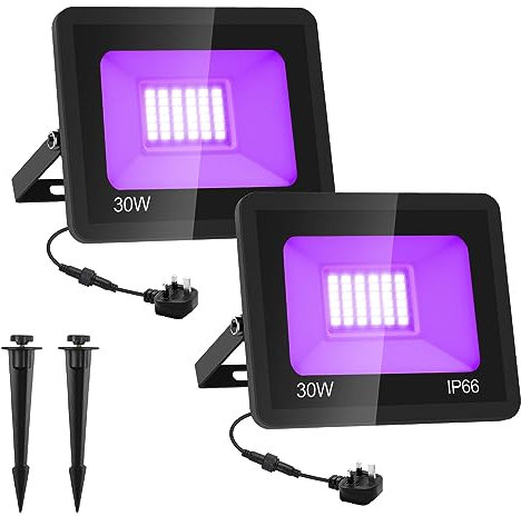 T-SUN 2 Packs 30W UV Black Light, LED UV Lights 395-405nm Party Ultraviolet Blacklight Outdoor Floodlight IP66 Waterproof Stage Lights for Disco, Aquarium, Halloween Decorations