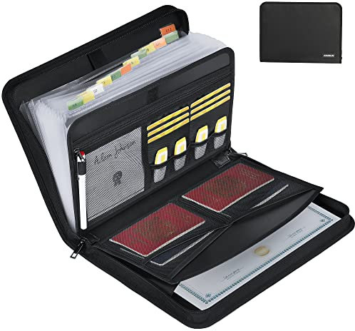 JUNDUN Fireproof Document Organiser - 13 Pockets Expanding File Folder with Zipper & Labels - Portable Waterproof File Organiser with Multi-Pockets Folder for A4 Documents | Receipt and More(Black)