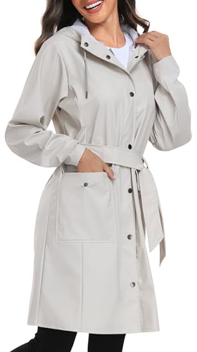 UNIQUEBELLA Damen Trenchcoat Langer Mantel Winddichter Jacke Einfarbig Kapuzenjacke Damenmantel Windjacke Übergangsmantel mit Taschen mit Knöpfen