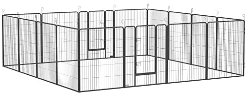 PawHut Welpenauslauf, Welpenlaufstall mit 16 Gitter je 80x100 cm, Freigehege für Große, Mittlere, Kleine Hunde, Kleintierauslauf, DIY Welpengehege mit Zwei Türen, Stahl, Grau, 320 x 320 x 100 cm