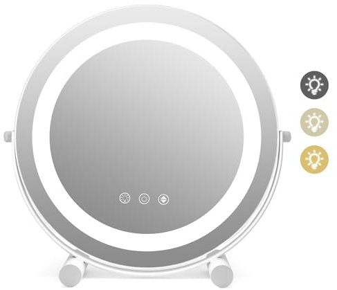 COSTWAY Miroir sur Pied Maquillage 30 CM, Miroir Lumineux Maquillage Ronde Rotation à 360°, 3 Éclairages&Couleurs, Fonction Mémoire, Support en Métal, Miroir Coiffeuse pour Chambre