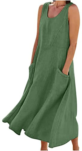 SMIDOW Damen Sommer Baumwolle Leinen Langes Kleid Ärmellos Elegant Fließende Kleider Übergröße Locker Bequemes Kleid mit Taschen, Klein