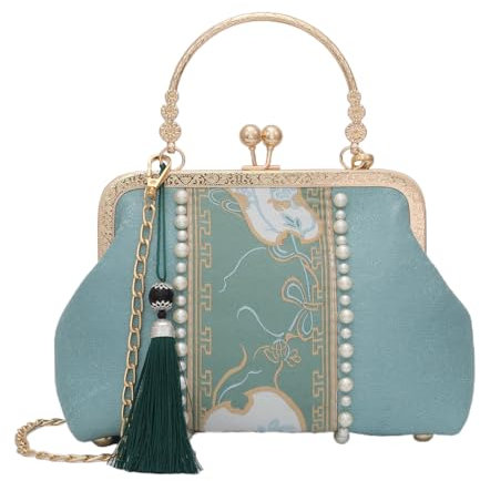 YeBon Retro Shoulder Chain Messenger Clutch Chinese Style Crane Embroidered Jacquard Women's Evening Bags (Mint Green)