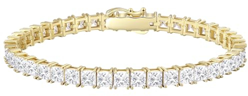 KRKC&CO Tennisarmband Silber 925 für Damen, 4mm Tennis Armband Prinzessschliff 14K Gold beschichtet, Zirkonia Kristall Armband Iced Out, Geburtstag Geschenk für Frauen Mädchen [Größe 17,8cm]