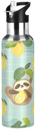 Niigeu Ours Paresseux Citron Dessin Animé Bouteille d'eau Isotherme avec Paille en Acier Inoxydable Gourde, Sans BPA Gourdes Eau pour Enfant Sport Randonnée École Bureau (600ml/1L)
