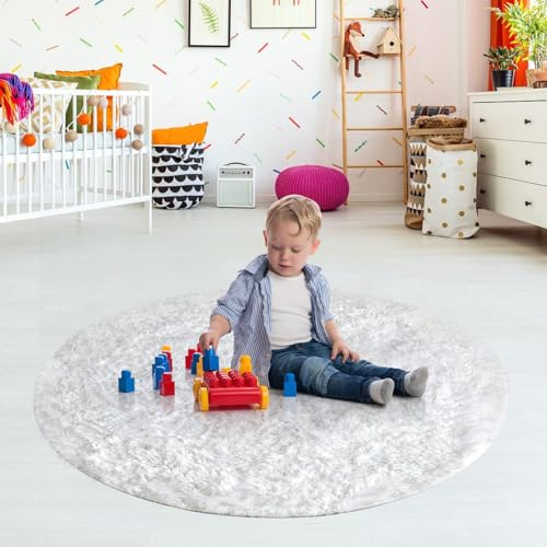JingZhouYang Rund Teppiche Gegend 120x120CM, Nette Dicke weiche Kreis Teppich, Shag Flauschige Plüsch Teppiche Dekor für Kinderzimmer, Schlafzimmer, Wohnzimmer, Badezimmer(Weiß)