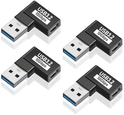 Duttek Right Angle USB C to USB A Adapter (4 Pack), Right Angle USB3.2 Adapter, Right Angle USB A Male to USB C Female Converter Extender for PC, Laptop, Power Bank and More
