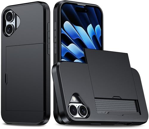 XYZNTMF for iPhone 16 Case iPhone 16 Shockproof Case with Card Holder Soft Silicone Bumper Matte Hard PC Shell Heavy Duty Protective Skin Cover Armor Rubber iPhone 16 Phone Case, Black