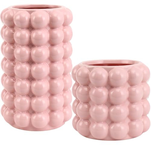 YANWE1 Bubble Vasen, 2er Set Rosa Keramik Vasen, Kurze Vasen, Keramik Blumenvasen, Einzigartige Vasen, Hohe Bubble Vasen für Kaffee Tisch Dekor, Dekorative Vasen für Wohnzimmer, Esstisch, Hochzeit