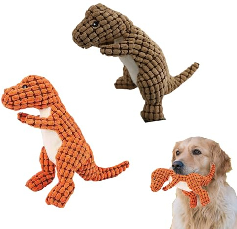 VARKAGE 2 Stück Hundespielzeug Unzerstörbar Robuster Dino Ausgestopftes Plüsch-Hundespielzeug Aggressive Kauer Unzerbrechliches Kauspielzeug für mittlere und große Hunde zum Spielen(braun, braun,30cm)