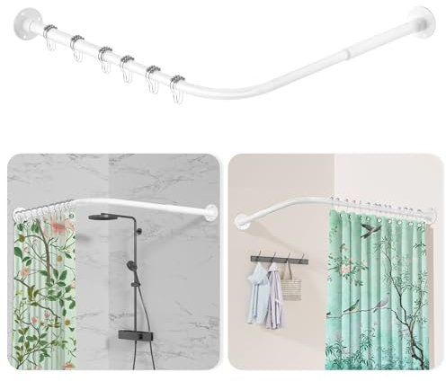 L Shaped Shower Curtain Rail, [60-135cm] x [60-135cm] Adjustable Corner Shower Curtain Rod, Wall Mounted Curved Shower Rail With 12 Rings & Ceiling Support For Bathroom Bathtubs, Need Drilling, White