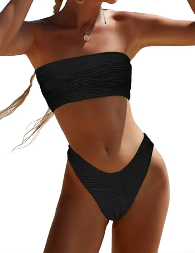 YIMISAN - Maillot de Bain Deux pièces Bandeau côtelé sans Bretelles pour Femme avec Bas échancré et Taille mi-Haute, Taille XS